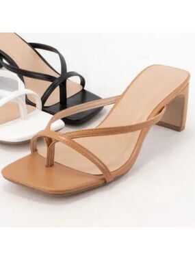 Soda Gadget Thong Square Toe Heels Sandals in Tan Brown